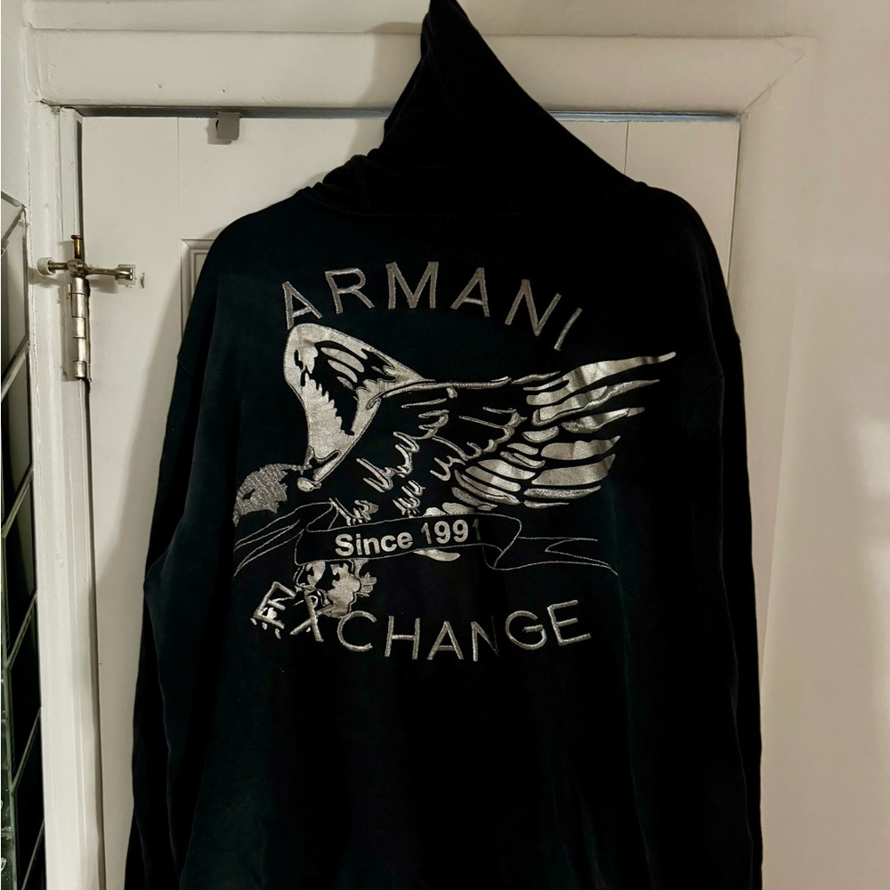 Armani Exchange 
Black hoodie (silver embroidery on back)
Men’s Xl
Original $150